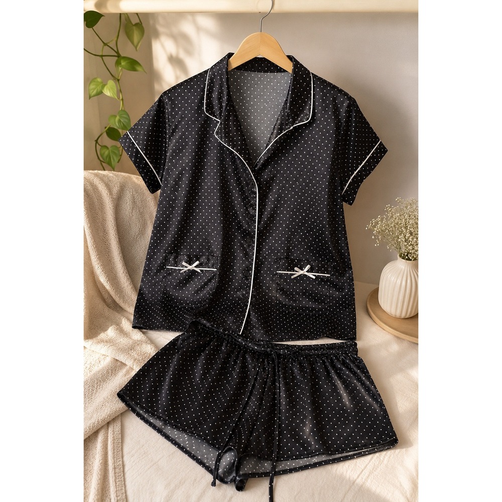 La Senza Coquette Satin Polka Dot Pajama Set‎ XL Black White Sleepwear Lounge PJ